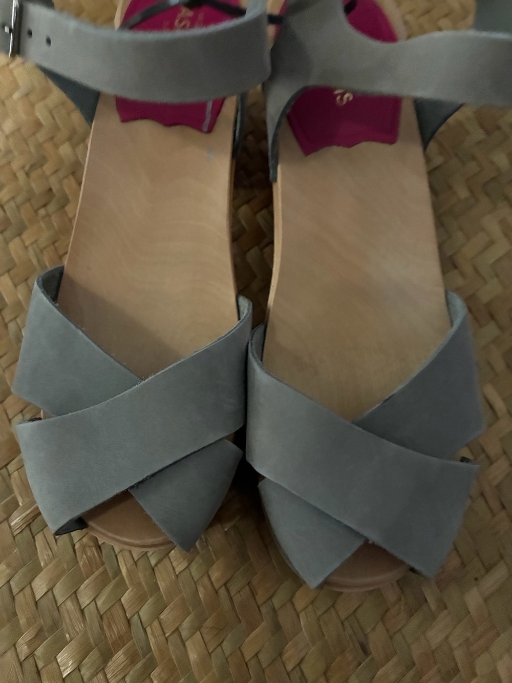 Swedish Hasbeens Gray/light Blue Leather Wooden Clog Sandals Sz EU 36 US 6